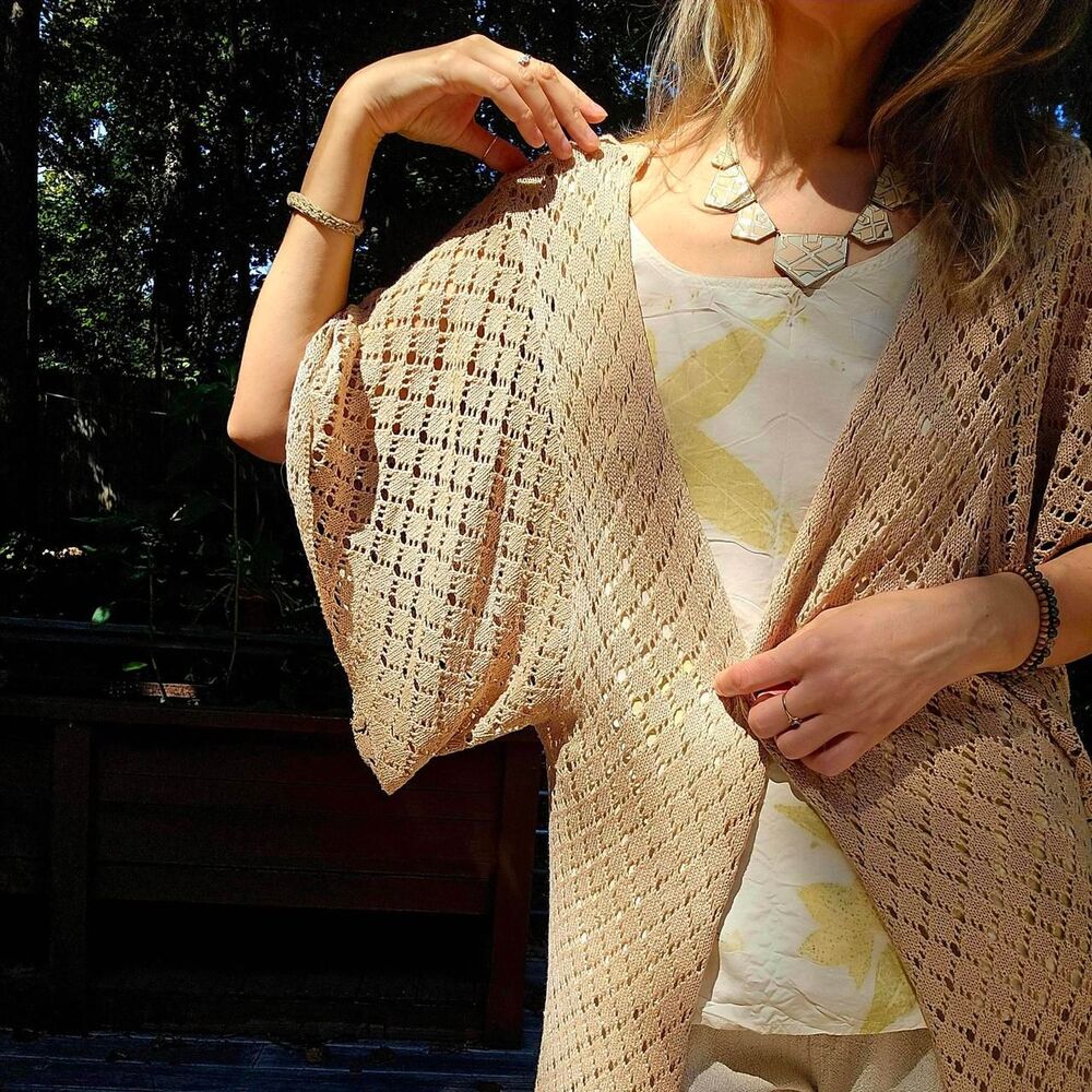 Boho Crochet Long Cardigan - Open Knit Fringe Kimono S/M/L